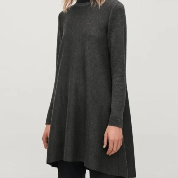 COS Gray/Emerald Green Double-Faced Merino Wool Cotton A-Line Knit Casual Dress - Picture 2 of 16